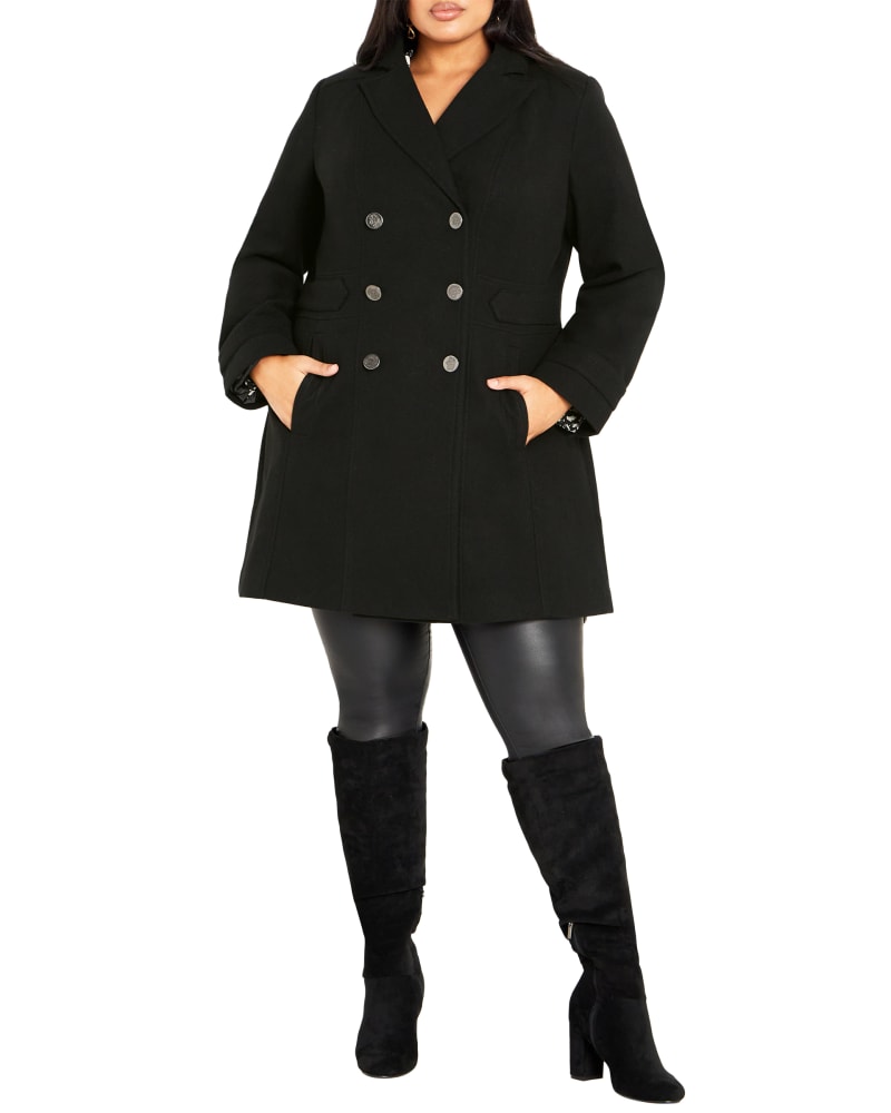 Front of a model wearing a size 18 COAT MILITARY in Black by Evans. | dia_product_style_image_id:318142